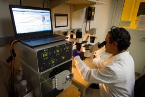 Scientist working at a lab analyzer with a laptop