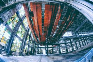 Fisheye view of an industrial atrium