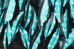 Teal patterned fabric strips